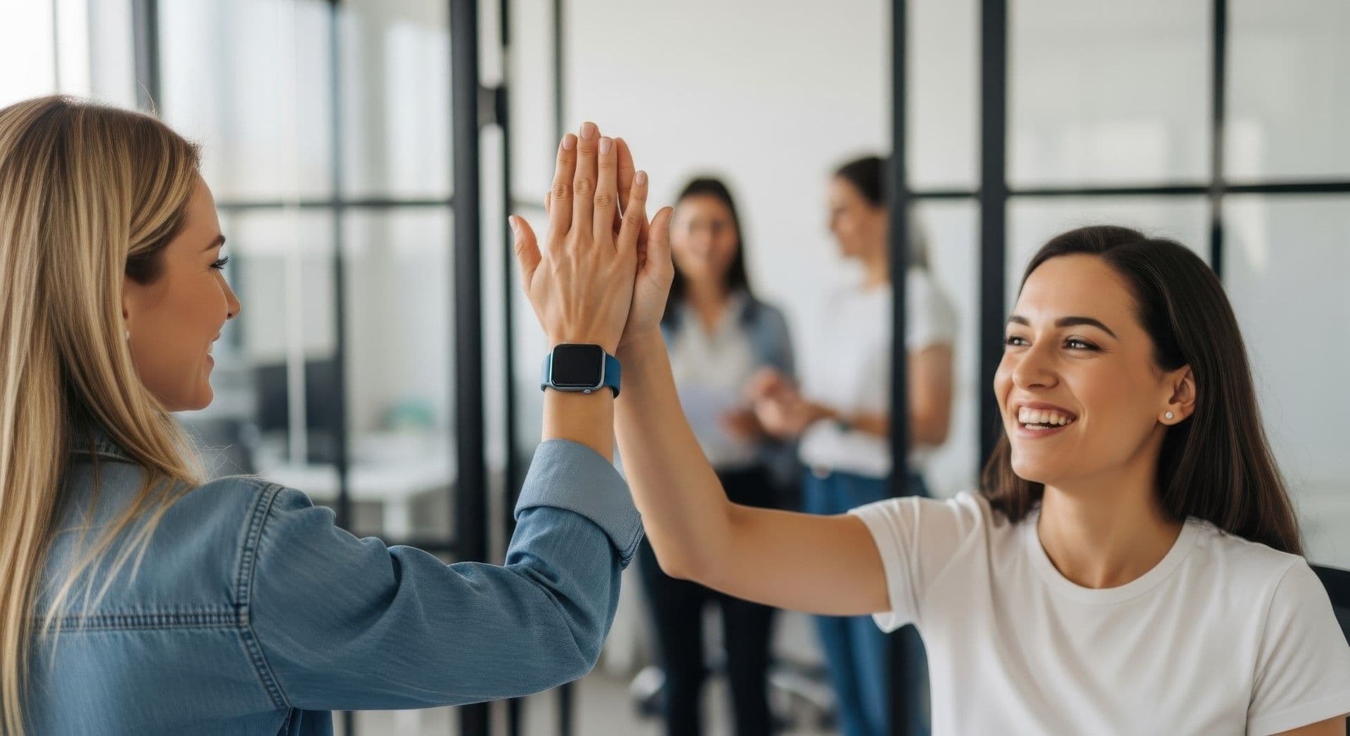 Two women high-five in a bright office with colleagues in the background, celebrating a successful team achievement