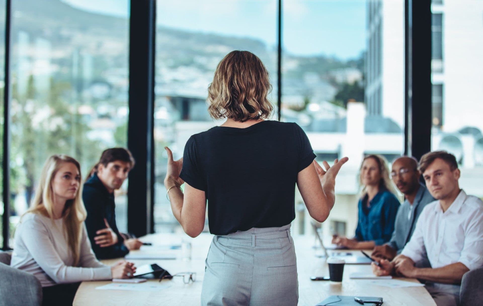 Woman presenting to seated colleagues in modern office with city skyline view through floor-to-ceiling windows