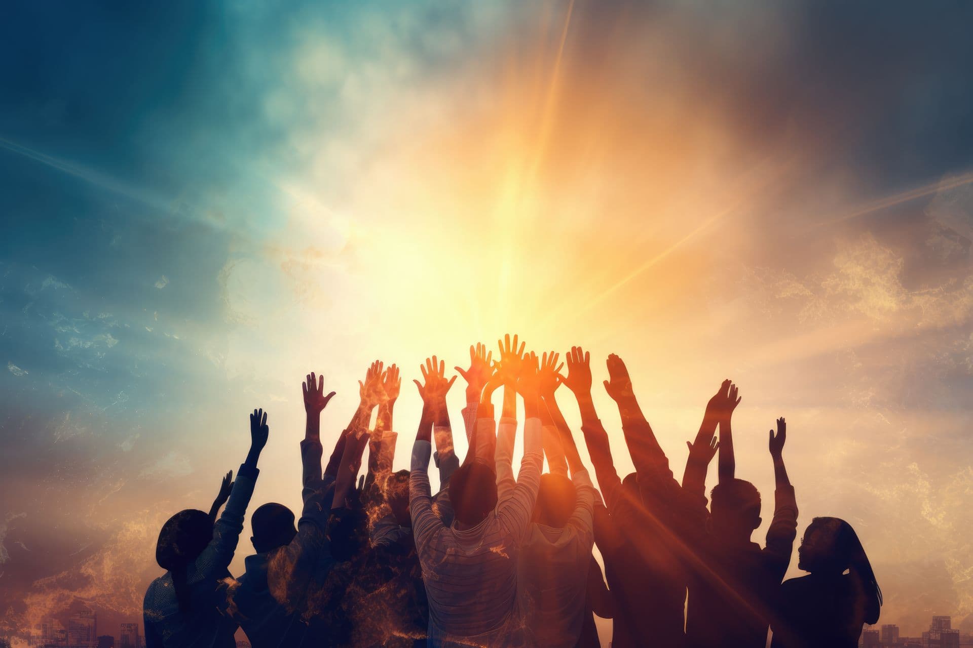 Group of people raising their hands together against a bright sunset sky, symbolizing unity, celebration, or teamwork