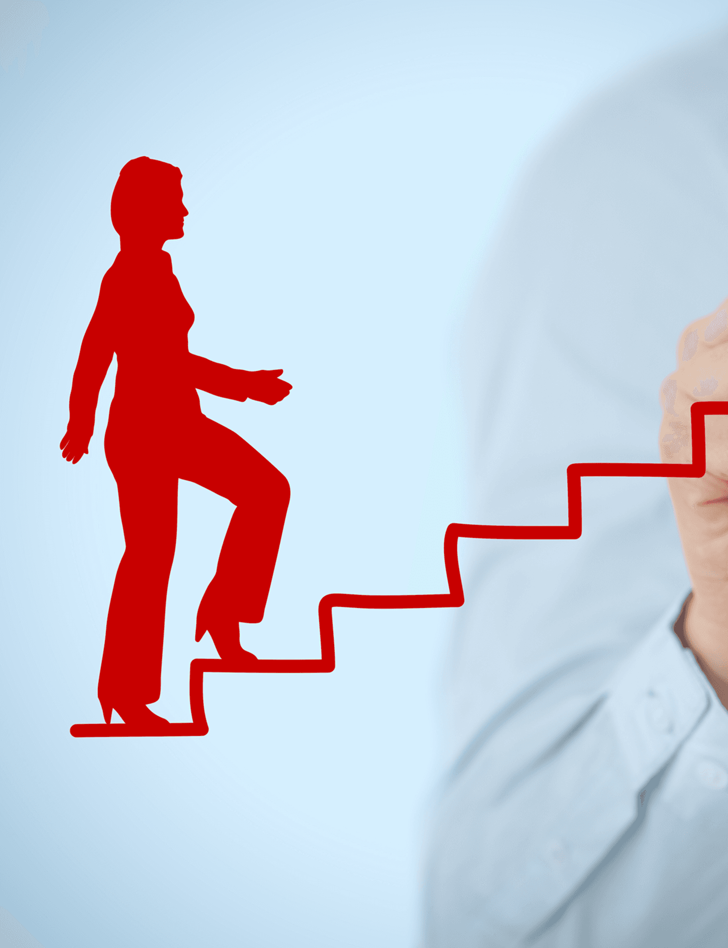 Businesswoman climbing red staircase steps drawn by hand, representing career advancement and professional growth