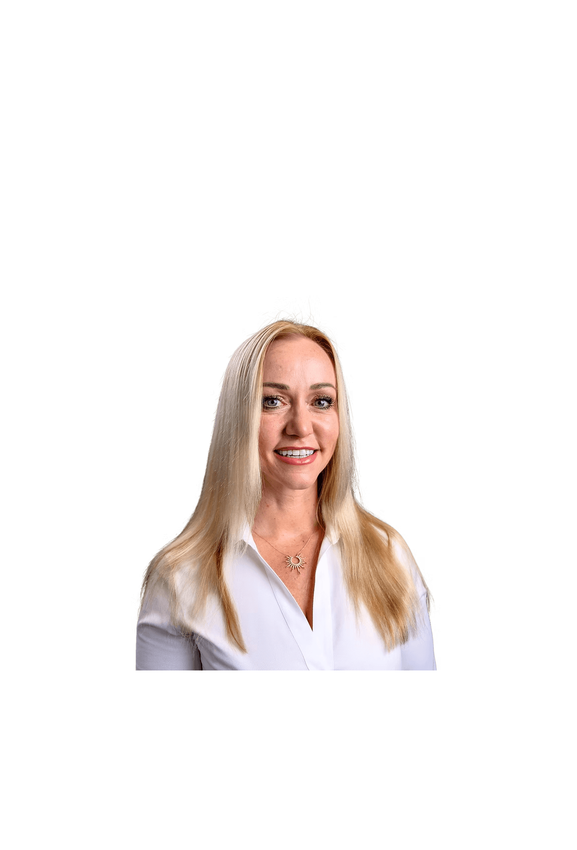Professional headshot of a smiling woman with long blonde hair wearing a white blouse and sun pendant necklace against a black background